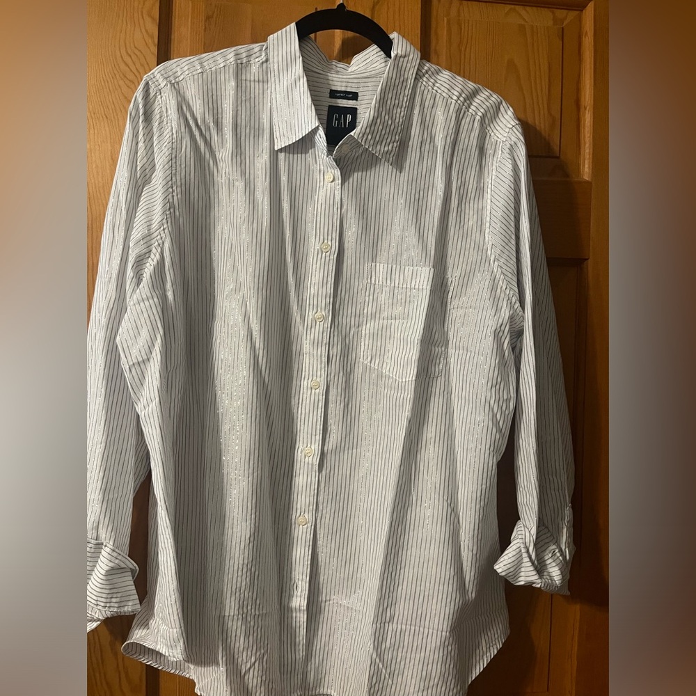 Silver Metallic Stripe Perfect Shirt GAP XL NWT